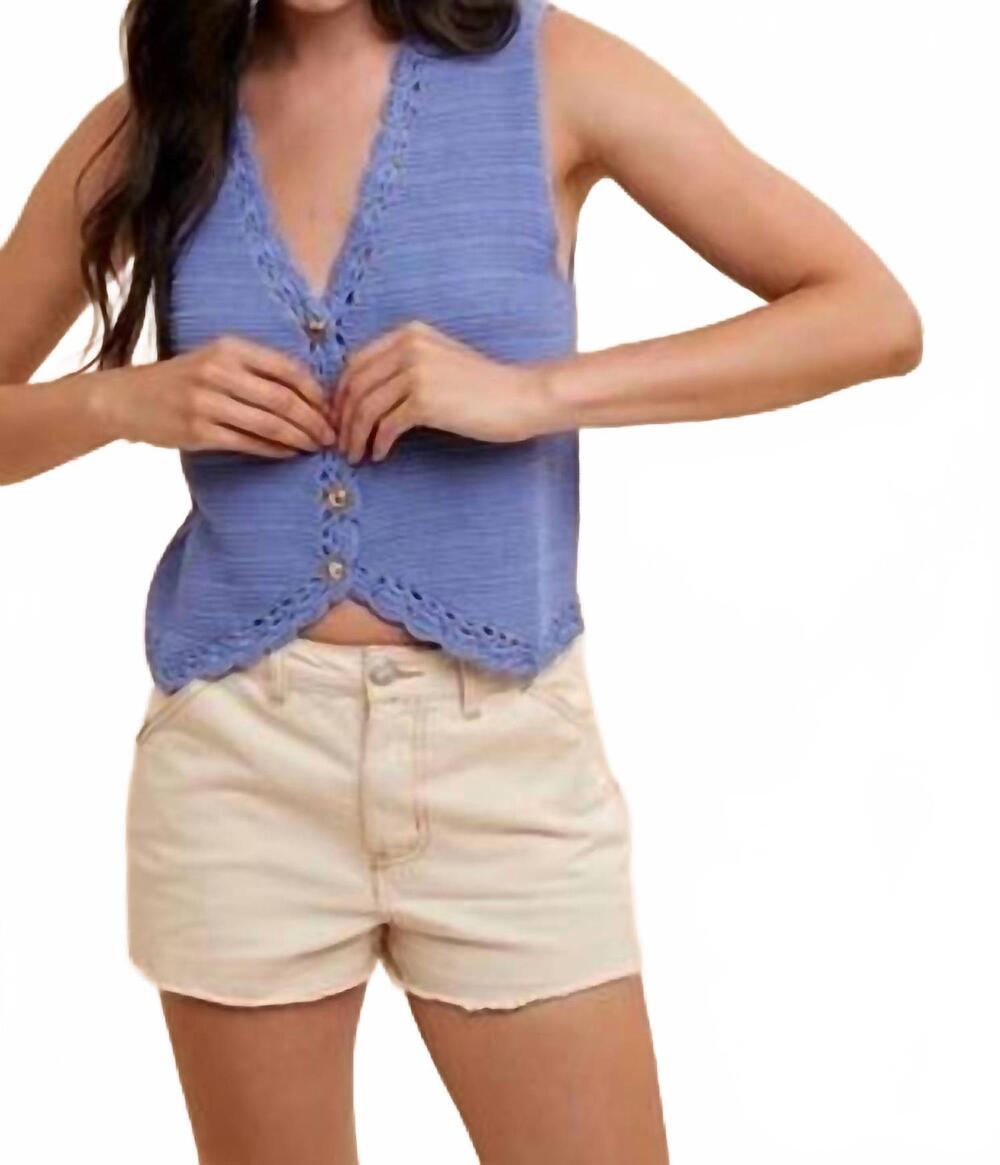 NEW ANNIEWEAR crochet trimmed button down sweater vest in denim blue